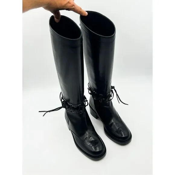 Chanel Knee High Boots Cap Toe Black Leather Lace Up Cutout - Picture 9 of 16